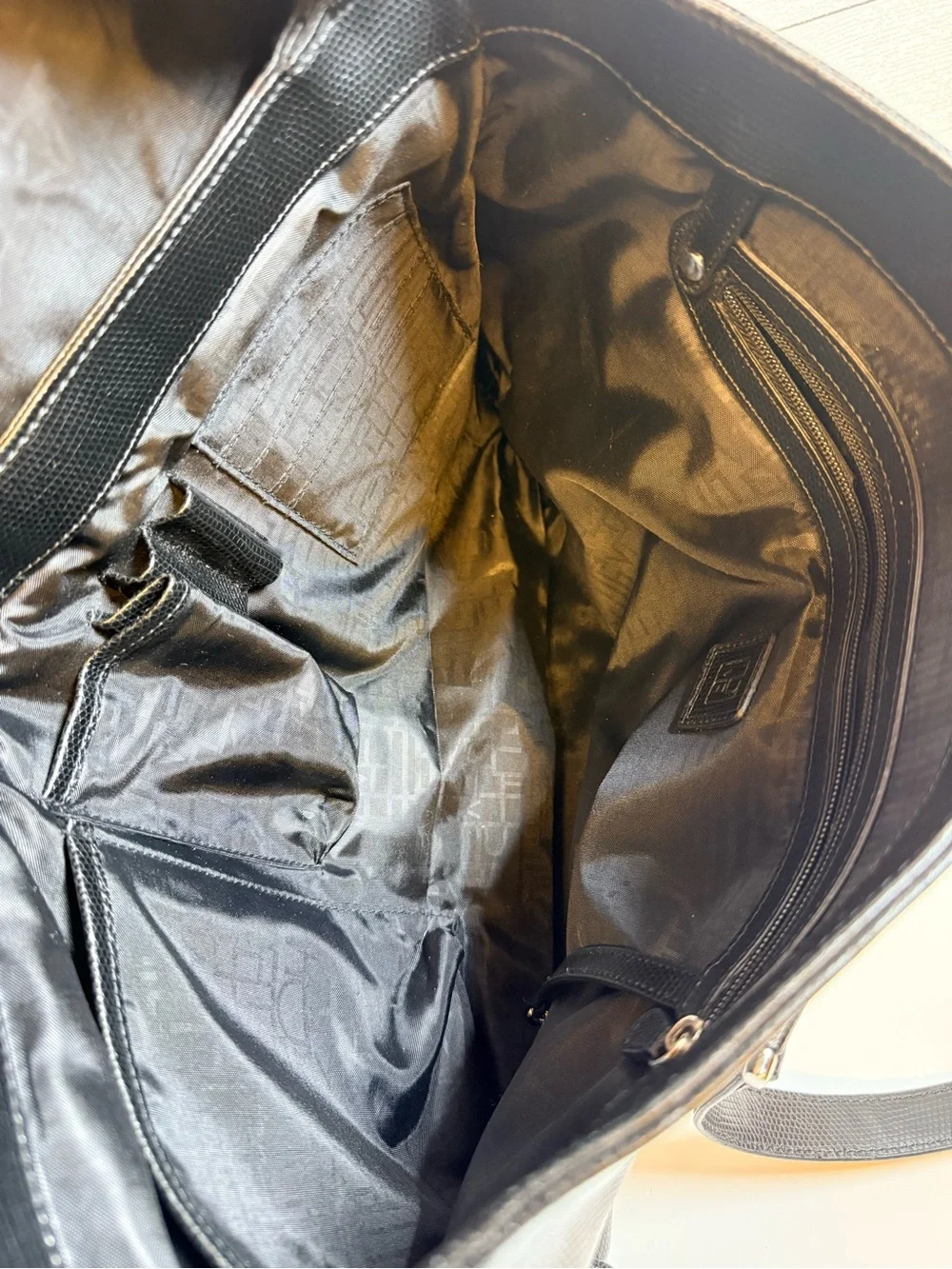 Diane Von Furstenberg Black Textured Leather Tote with Silver Buckles